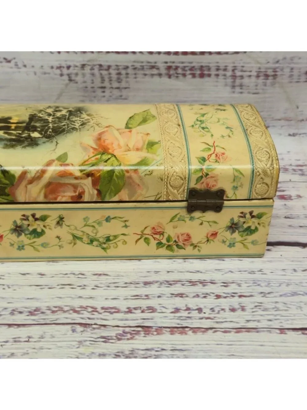 Antique Victorian Celluloid Glove Box Floral & Winter Lithograph Ornate Lock